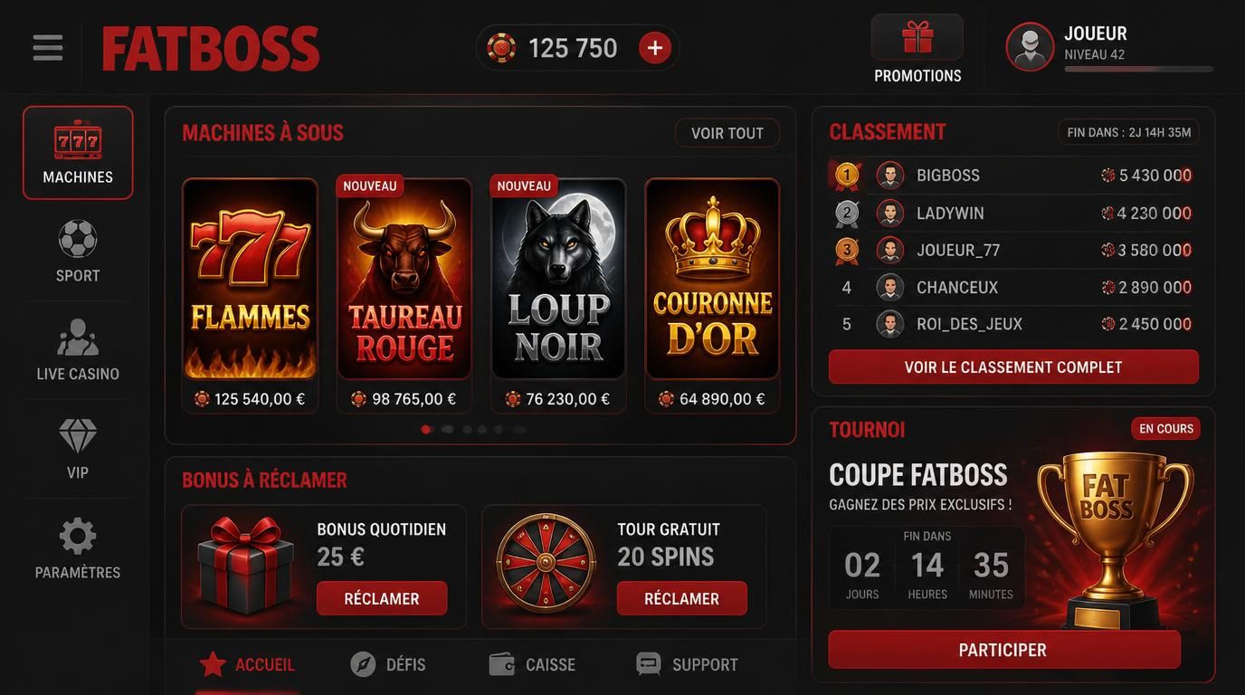 Lobby mobile Fatboss montrant jeux, classement et bonus